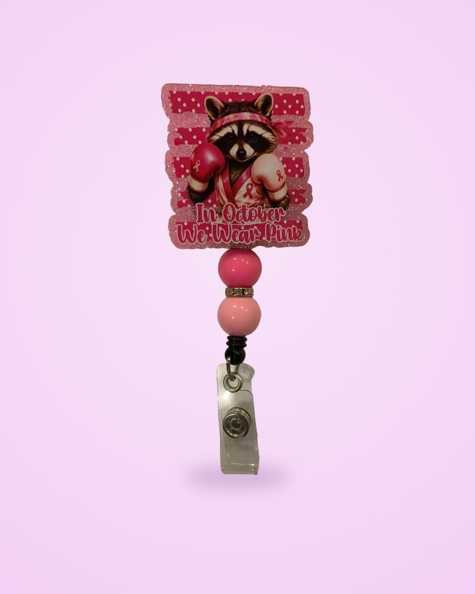 Pink raccoon, handmade badge reel by MT Girl Graphics