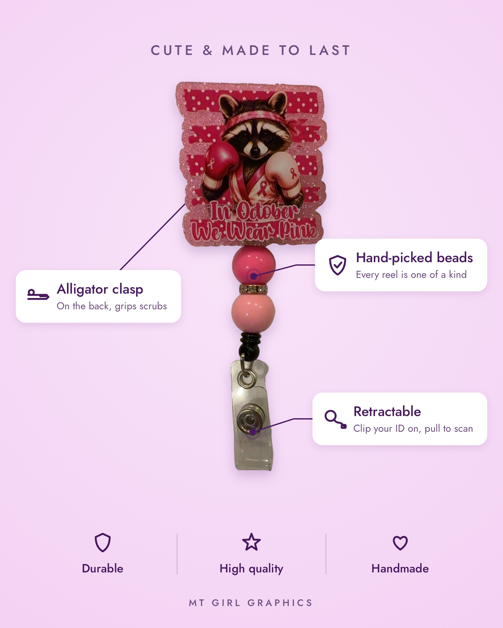 Pink raccoon, handmade badge reel by MT Girl Graphics, photo 2